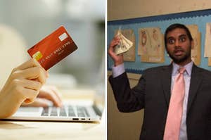 Person holding credit card and character holding cash