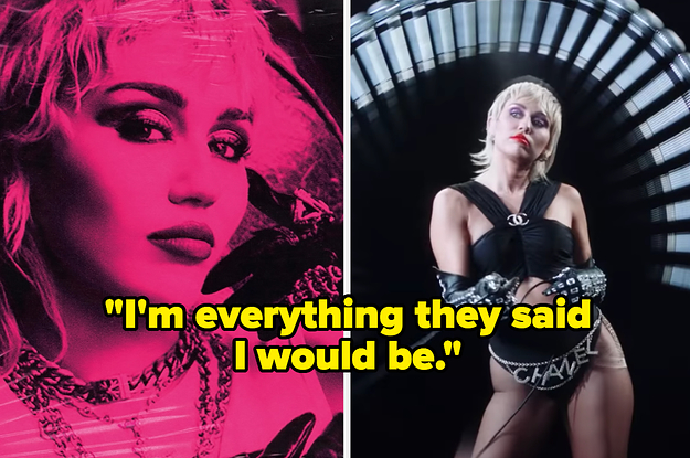 "i'm everything they said I would be" over Miley's "Plastic Hearts" album cover, next to Miley swinging a mic