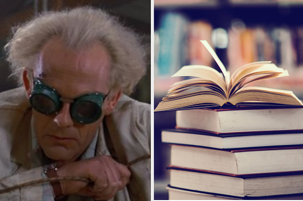 A scientist is on the left with a pile of books on the right