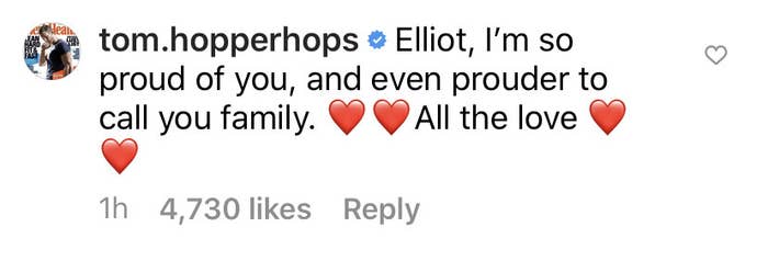 Screenshot on an Instagram comment from Tom Hopper