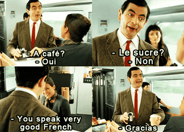 A collage of scenes showing Mr Bean hilariously giving one word responses in French to a barista&#x27;s questions but when complimented on his French, he confidently thanks her in Spanish 
