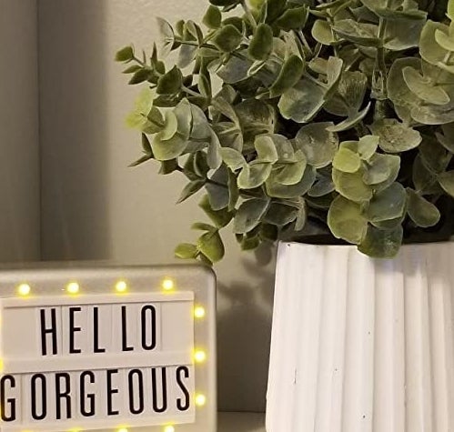 Light-up marquee with the words &quot;Hello Gorgeous&quot; placed on shelf