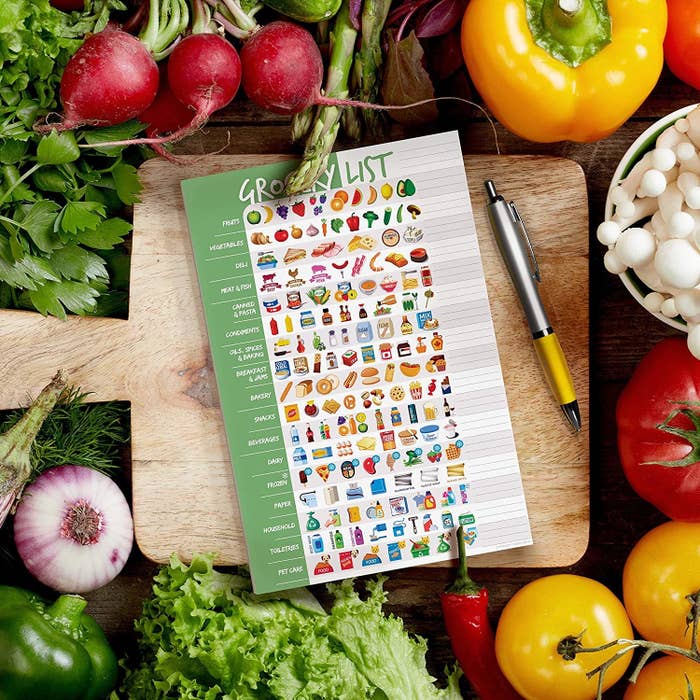 The colorful pad with food icons arranged in categories from fruits to pet care to deli to snacks