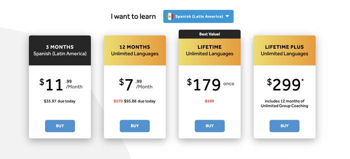graphic showing the pricing plans for lessons on Rosetta Stone 
