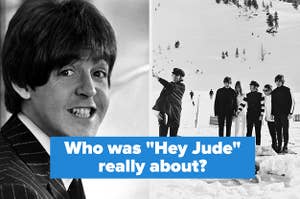 "Who was 'Hey Jude' really about?" over a close-up of young Paul McCartney and a shot of the Beatles filming in the snow