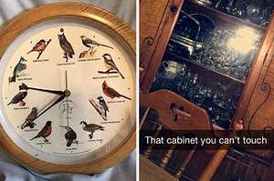 bird clock and a cabinet you can't touch