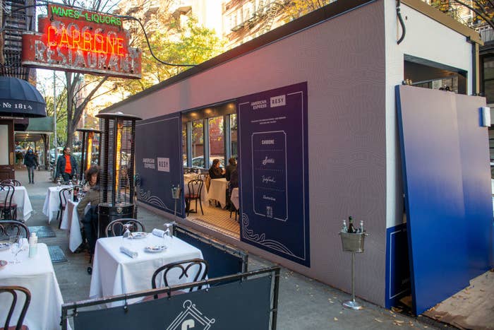 An outdoor dining setup in New York City.