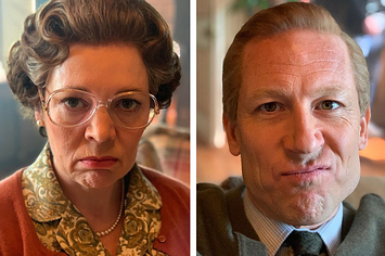 Side by side of Olivia Colman and Tobias Menzes with stern, poker face-like expressions