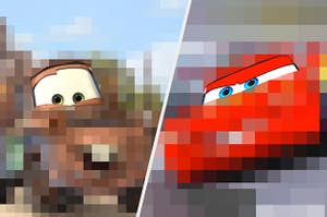 Two pixelated cars with only their eyes showing