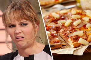 Jennifer Lawrence making a grossed out face about pineapples on pizza