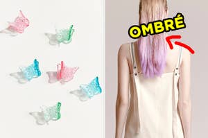 On the left, some butterfly clips, and on the right, the back of someone's head with an arrow pointing to their hair and "ombré" typed next to it