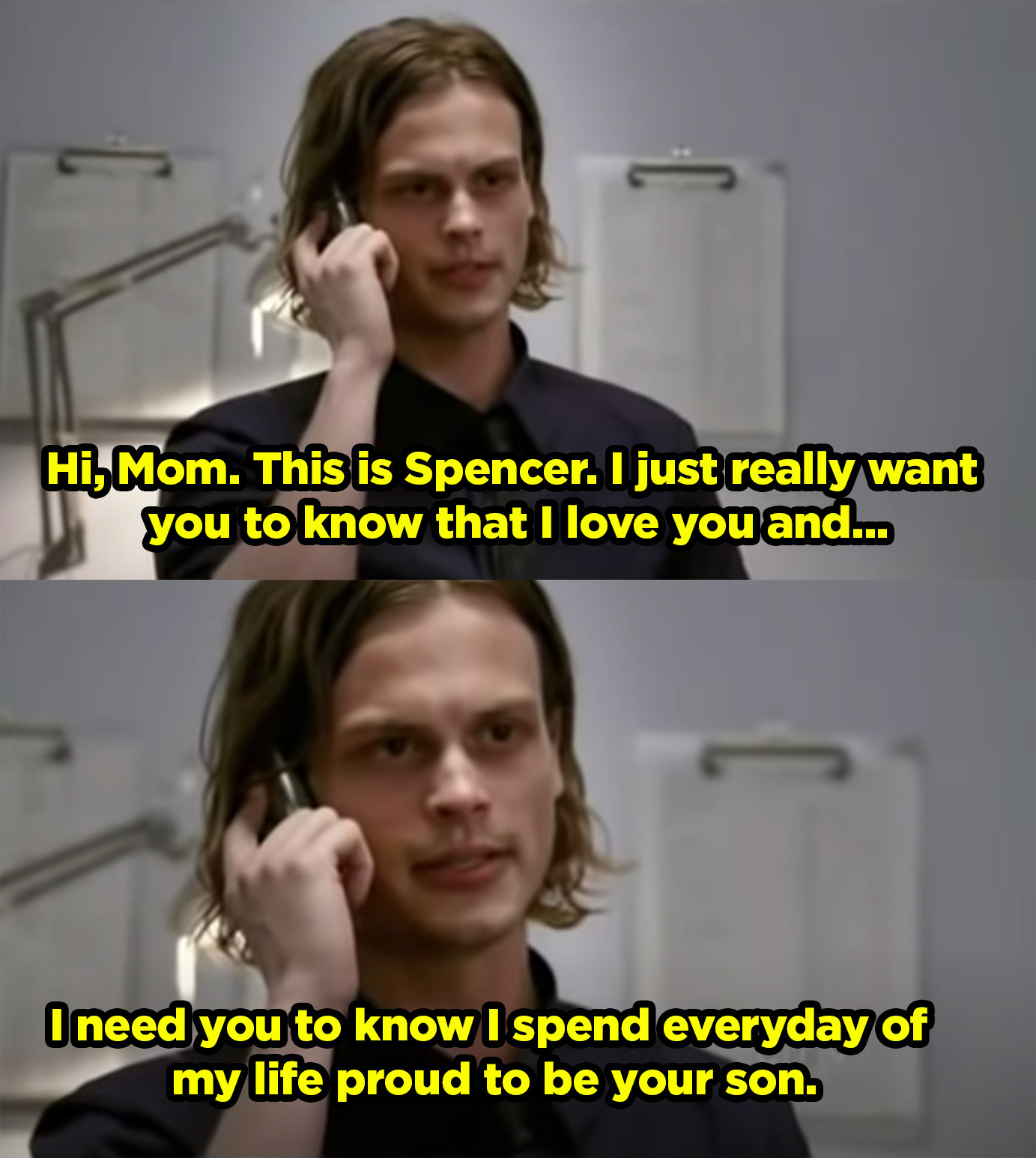 Reid recording a voicemail for his mother and saying he loves her and is proud to be her son.