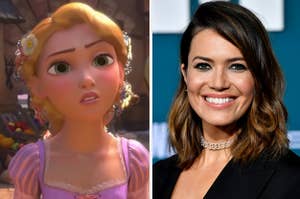 Rapunzel from "Tangled" and Mandy Moore on a red carpet