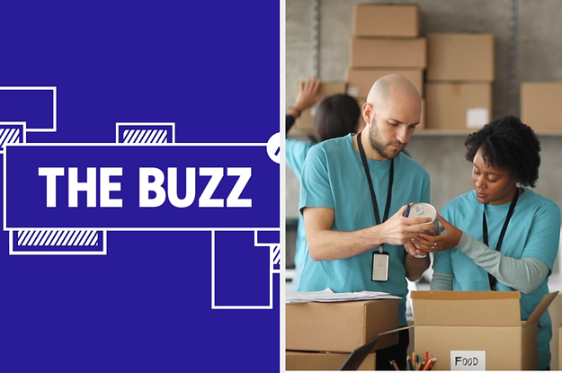 Splitscreen of purple graphic with THE BUZZ in white letters on the right side and people sorting food into boxes on the left side (CREDIT: GETTY)