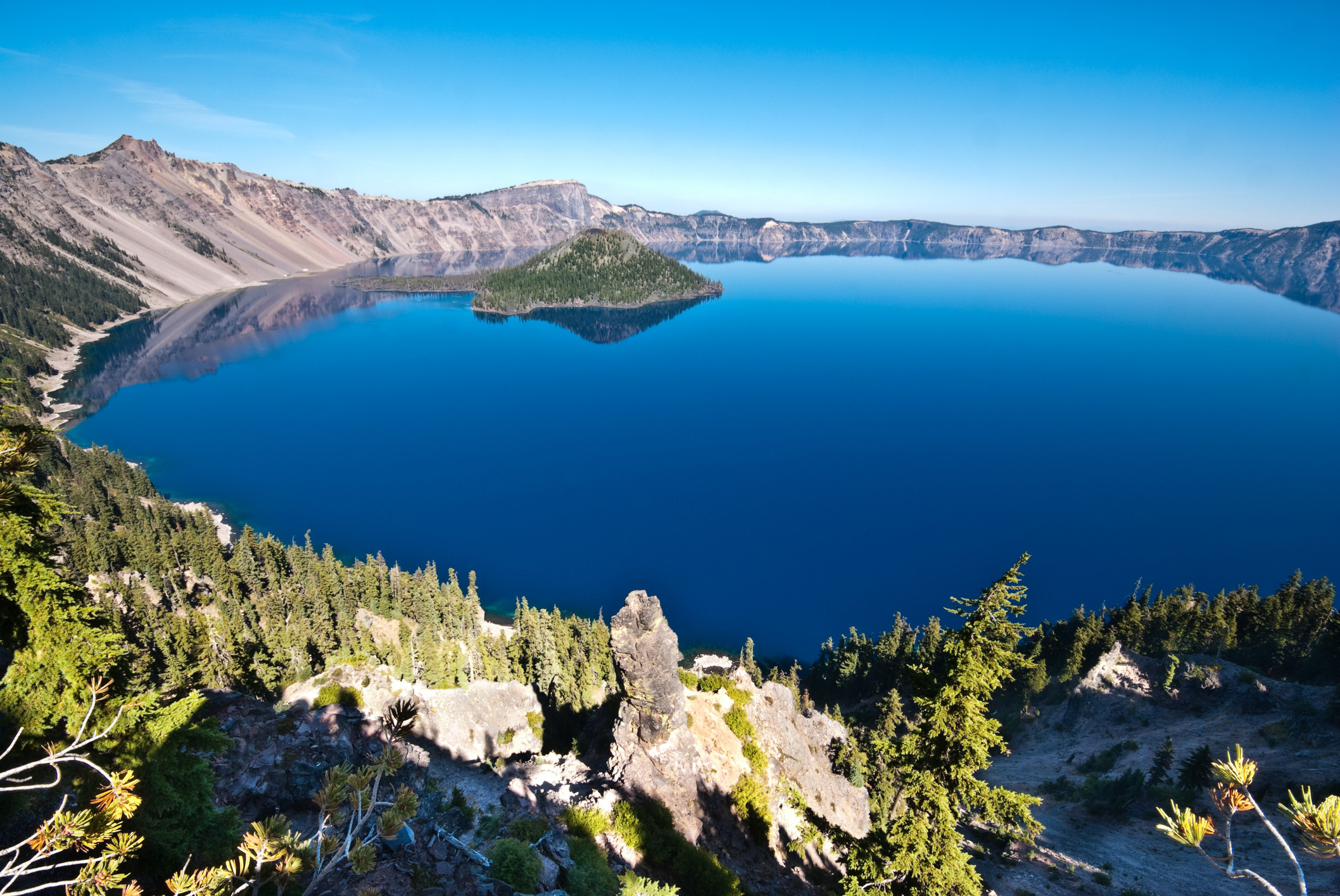 Beautiful blue lake with an island in the middle