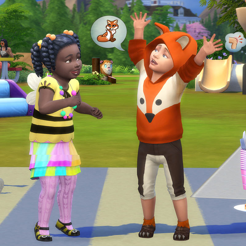 Two Sim toddlers one dressed like a bee and another like a fox