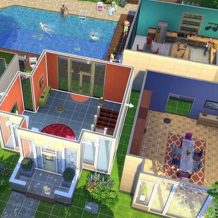 Top down view of a Sims house showing large spacious rooms and a pool out the back