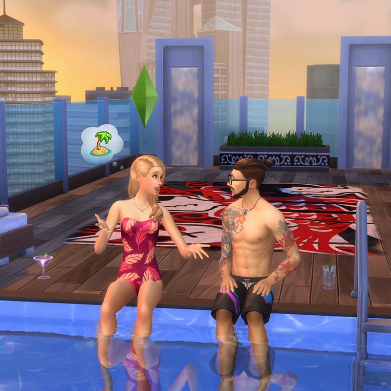 Two Sims sitting on a rooftop bar with their feet in a pool and cocktails next to them