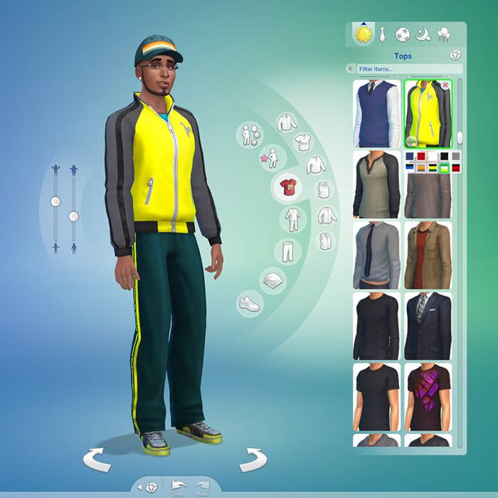 A Sim in the CAS standing in a tracksuit while multiple clothing options are on the side