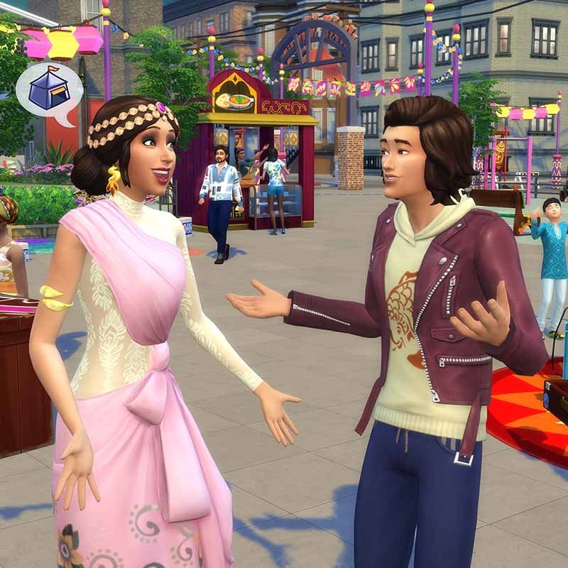 Two Sims talking to each other while a festival goes on in the background