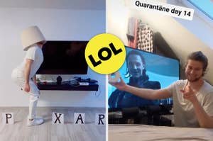 Das Bild auf der linken Seite zeigt einen Mann, der das Pixar Logo nachahmt. Auf der linken Seite hält ein Mann eine Klopapierrolle hoch und grinst.