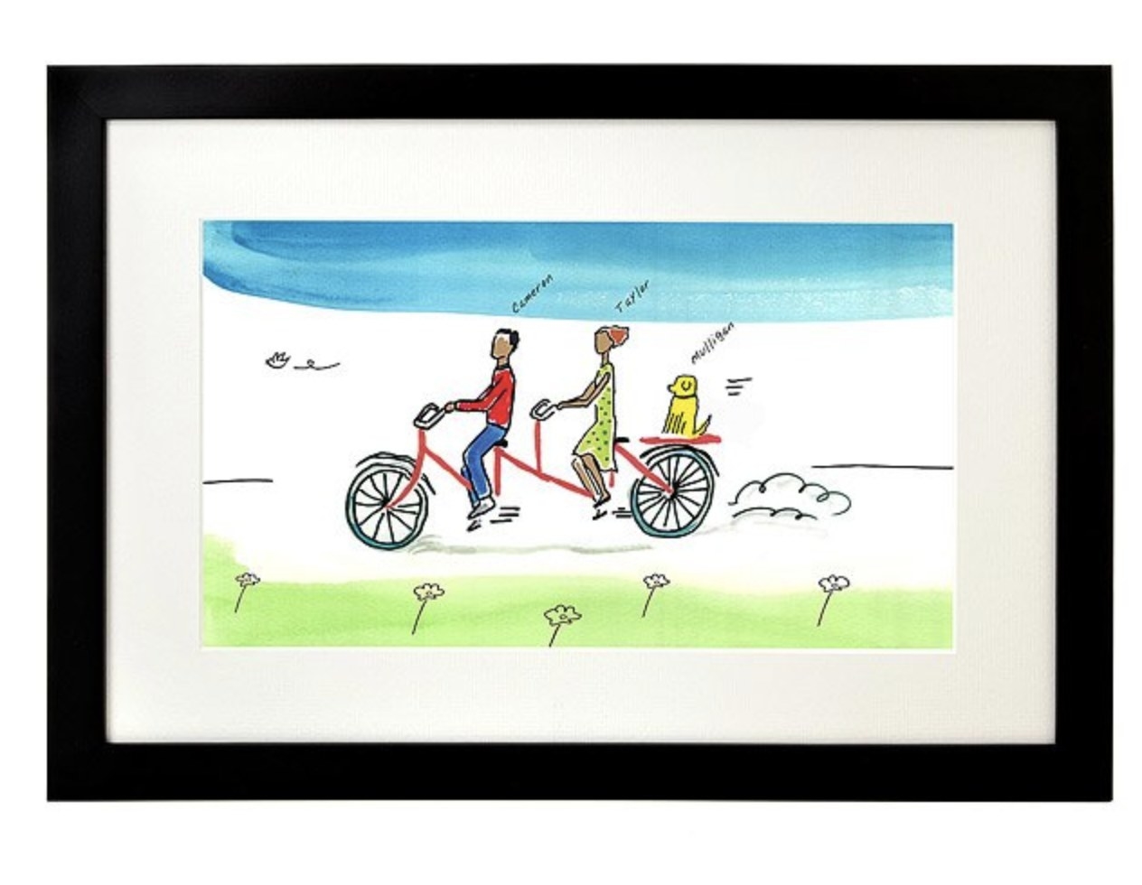 An art print of two people and a dog on a tandem bike