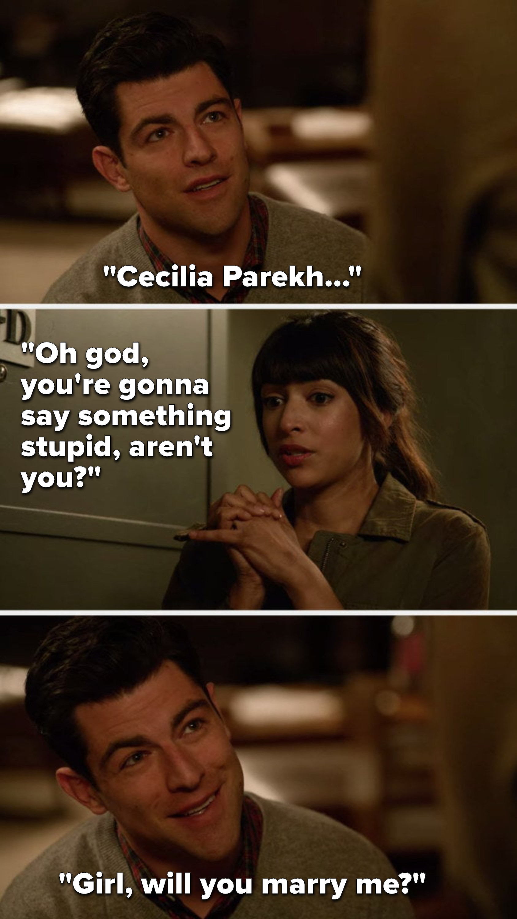 Schmidt says, &quot;Cecilia Parekh...&quot; Cece says, &quot;Oh god, you&#x27;re gonna say something stupid, aren&#x27;t you,&quot; and Schmidt says, &quot;Girl, will you marry me&quot;