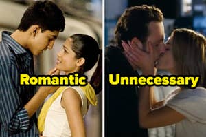 Jamal and Latika from "Slumdog Millionaire" with the word romantic on top, and Mark and Juliet from "Love Actually" with the word unnecessary on top