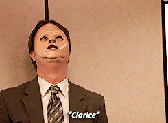 wearing the face of the dummy, Dwight says &quot;Clarice&quot;