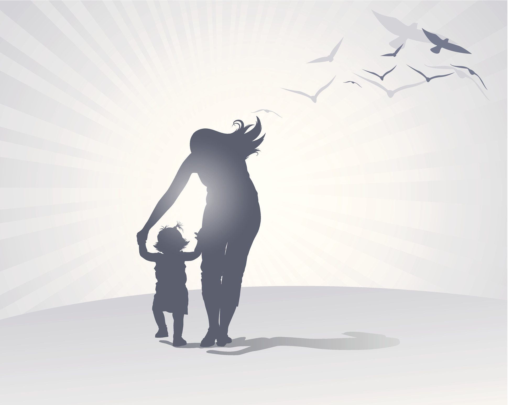 The silhouette of a mother leading a little girl