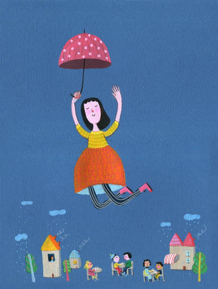 illustration of girl flying with umbrella