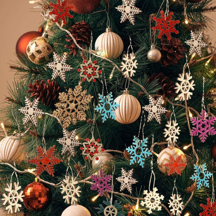The ornaments used to decorate a Christmas tree.