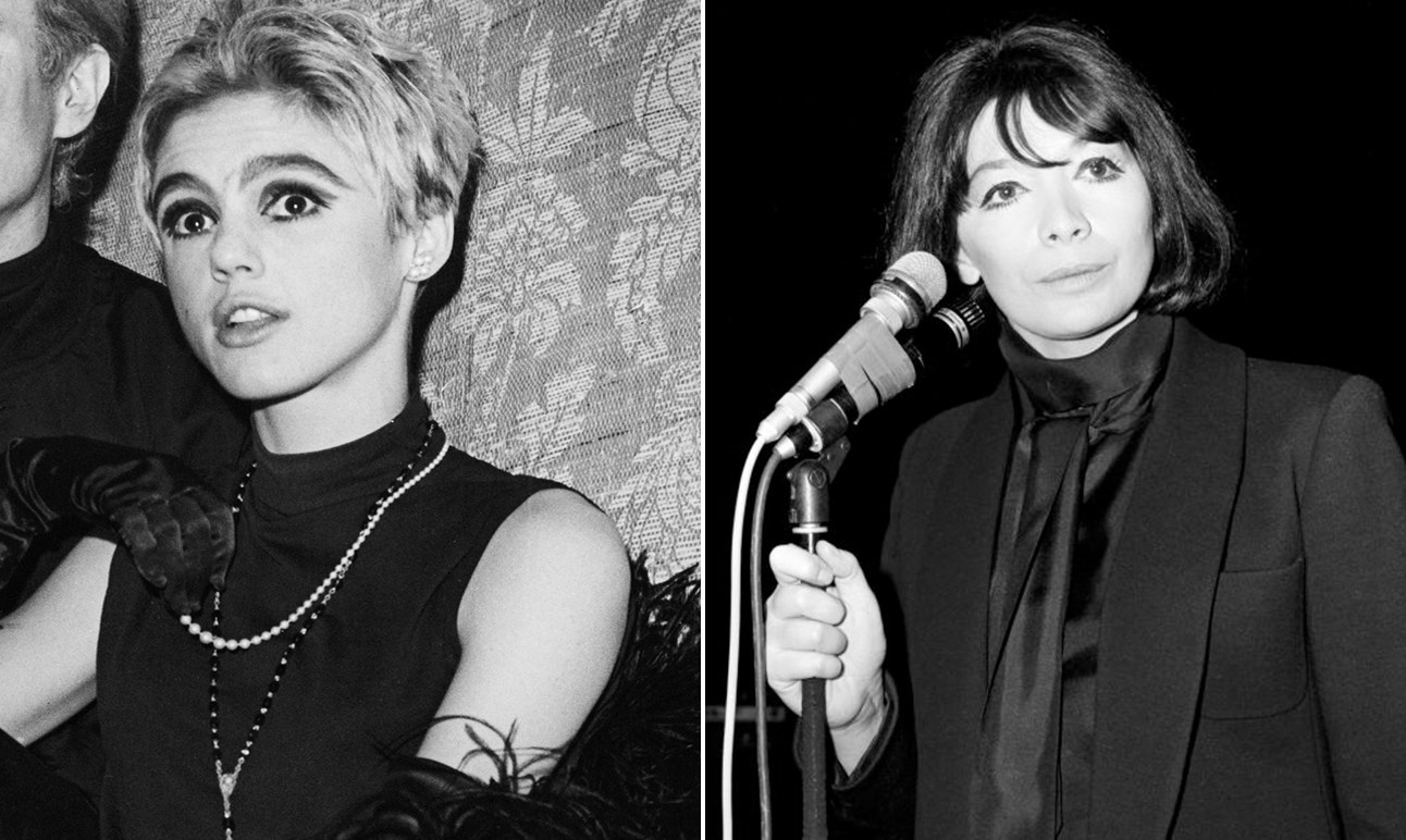 Edie Sedgwick wearing a black turtleneck and pearls and Juliette Gréco wearing black suit jacket and a black silk turtleneck