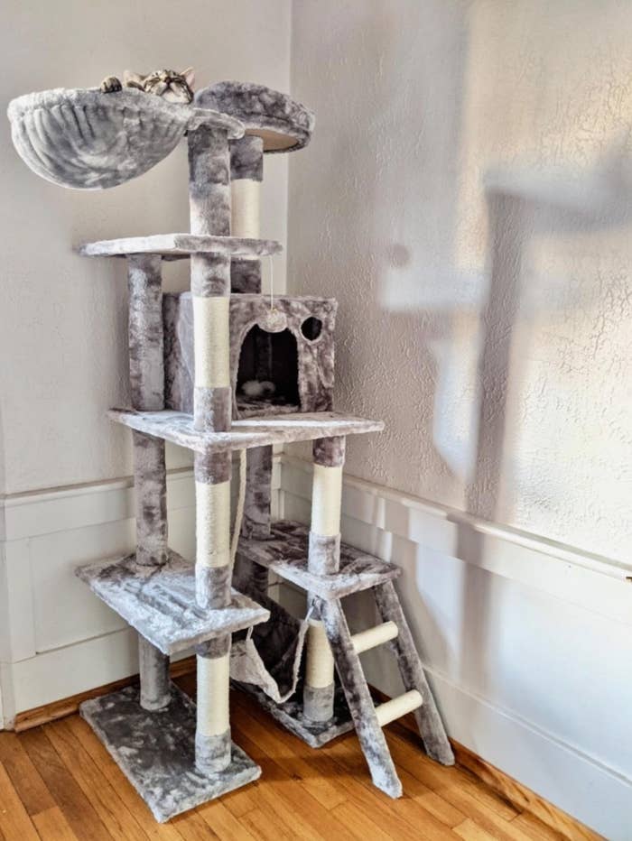 The cat tower in light gray