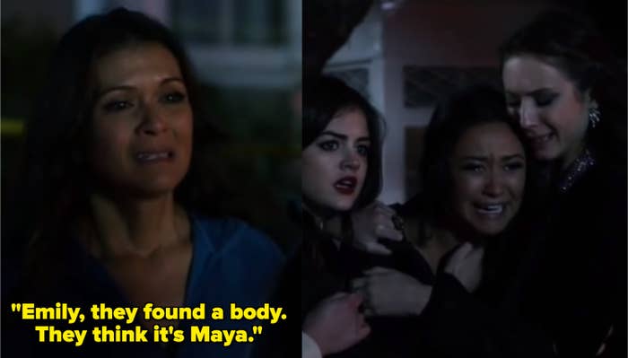 Troian Bellisario as Spencer Hastings, Lucy Hale as Aria Montgomery, Shay Mitchell as Emily Fields, and Nia Peeples as Pam Fields in the show "Pretty Little Liars."