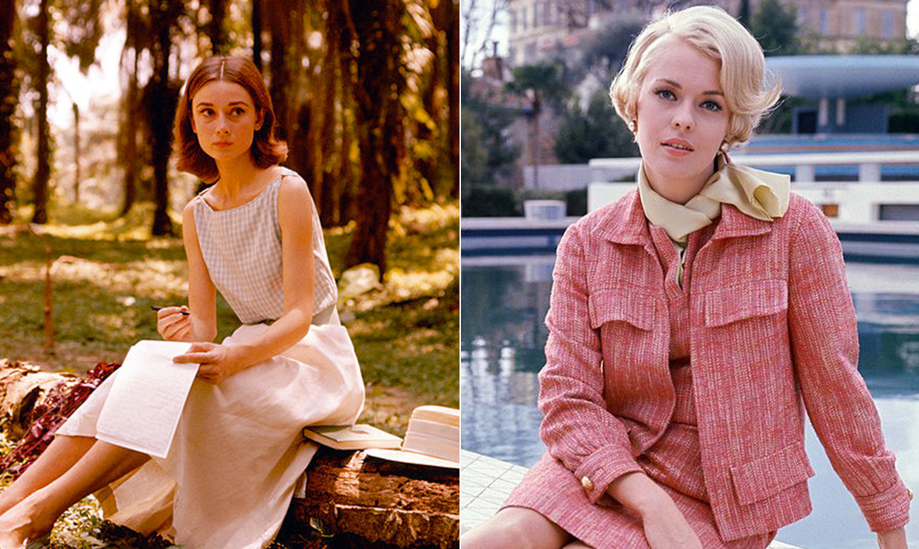 Audrey Hepburn writing while wearing a white dress and Jean Seberg wearing a pink jacket and skirt