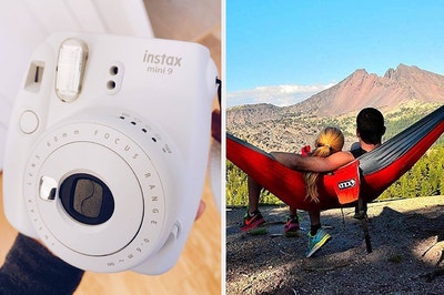 on the left a reviewer's white instax camera, on the right two models in an eno hammock