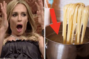 A shocked woman next to a pot of pasta