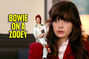 A tiny David Bowie sitting on Zooey Deschanel's shoulder