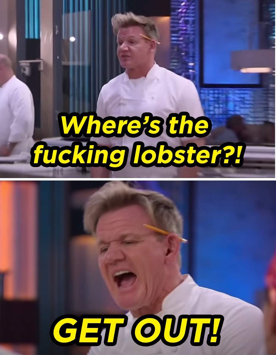 a man wearing a chef jacket is screaming, &quot;where&#x27;s the fucking lobster? get out!&quot;