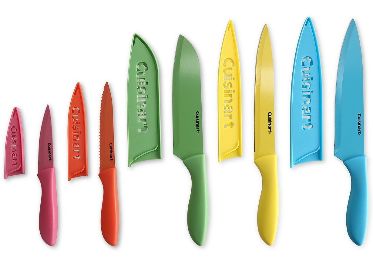 The set of five colorful knives with safety guards