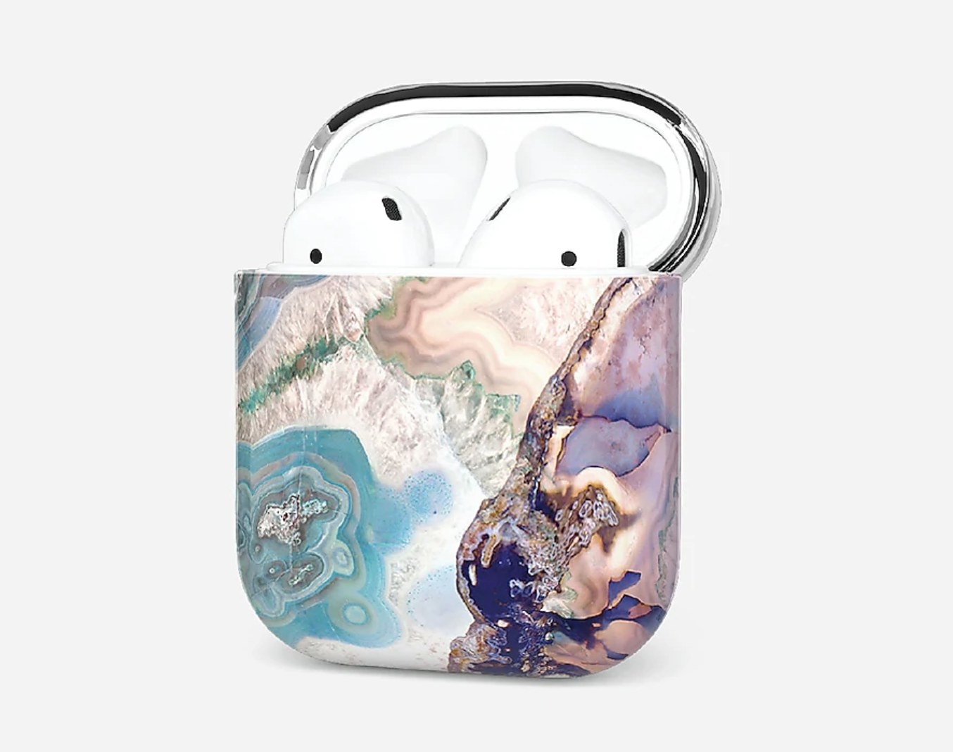 An AirPods case that looks like a watercolor of blue, purple and white 