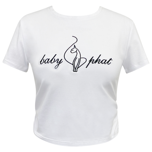 cropped white t-shirt that says &quot;Baby Phat&quot; and has the iconic cat logo
