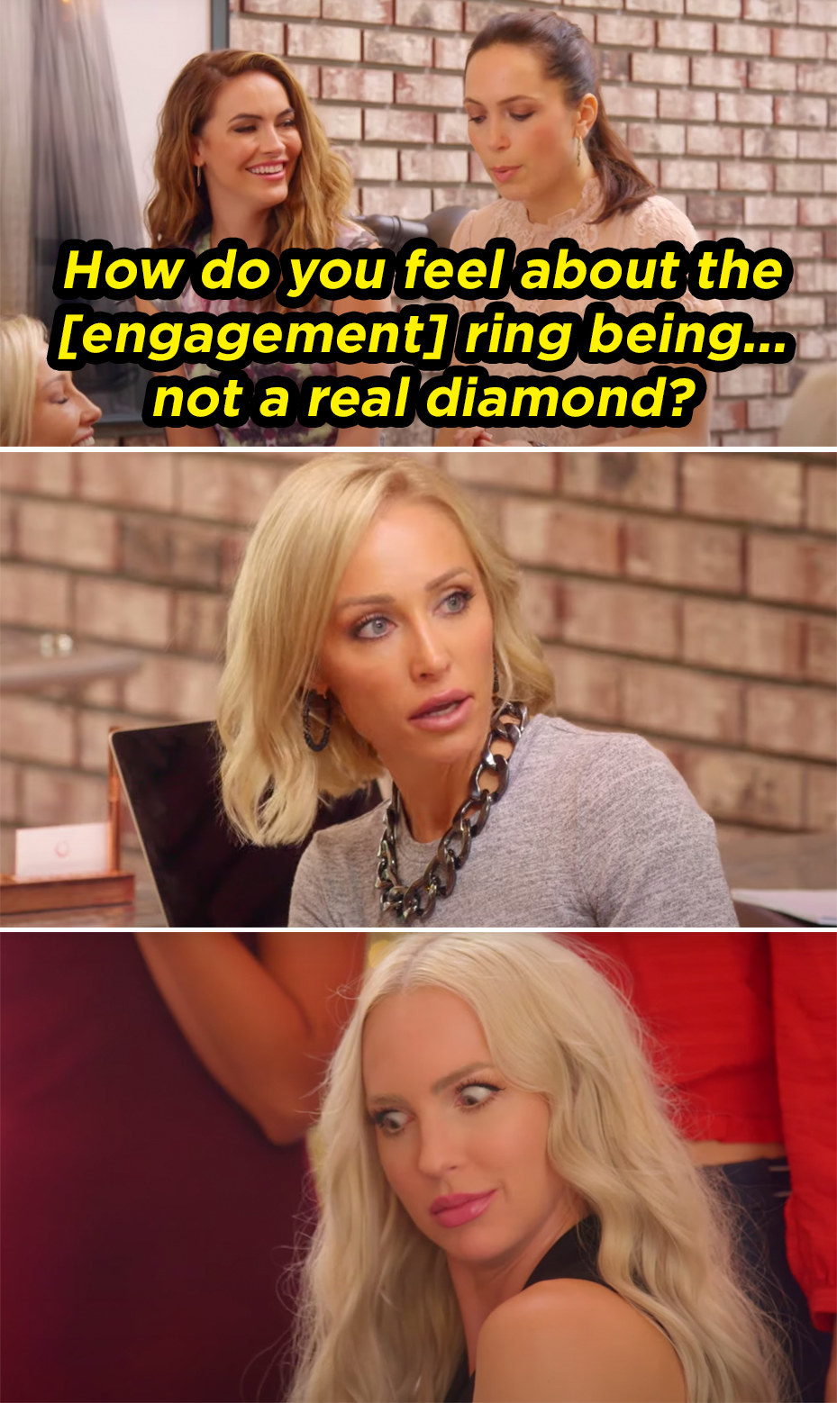 a woman sits on a desk saying to her coworker, &quot;how do you feel about the engagement ring being not a real diamond?&quot; and two women&#x27;s eyes go wide as if in shock