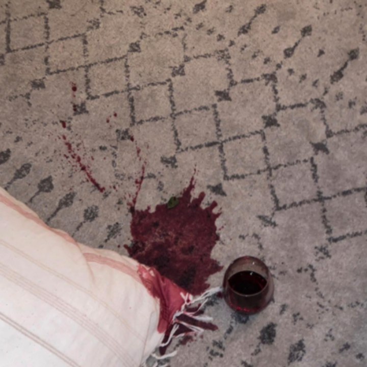 reviewer photo showing red wine stain on their carpet