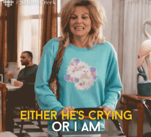 Mother in Schitt&#x27;s Creek pushing stroller and saying &quot;Either he&#x27;s crying or I am&quot;