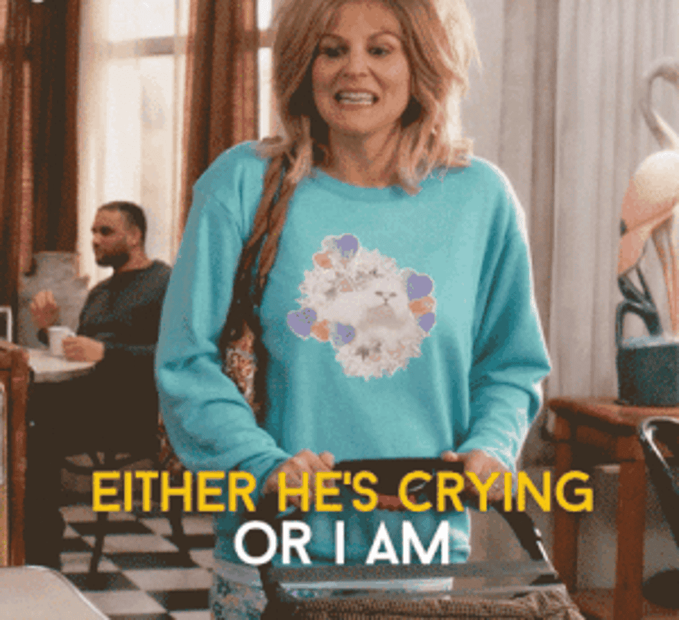 Mother in Schitt&#x27;s Creek pushing stroller and saying &quot;Either he&#x27;s crying or I am&quot;