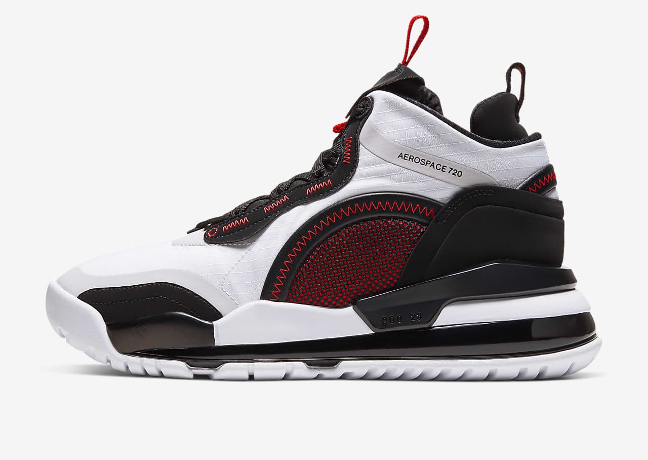 Black, red, and white Jordan Aerospace 720s with a white textile upper and a black and white 720 Air unit