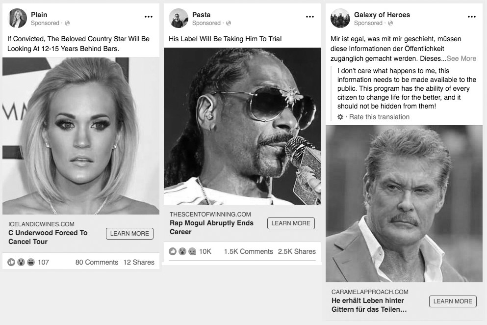 Three example scam ads about celebrities on Facebook include an image of Snoop Dogg with the headline &quot;rap mogul abruptly ends career&quot; and the caption &quot;his label will be bringing him to trial&quot;