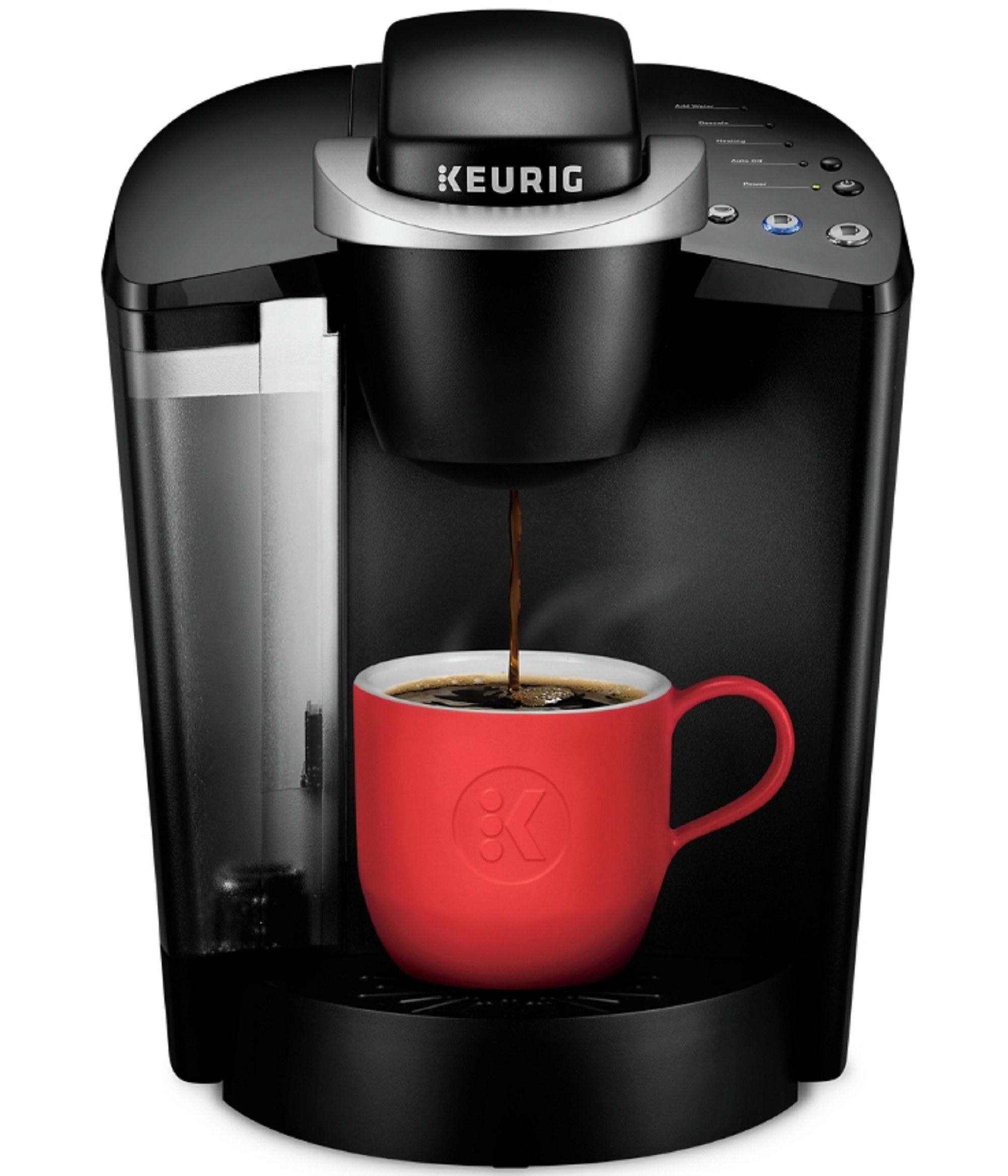 the coffee machine in black filling up a red mug with coffee